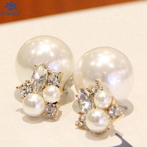 Fashion 1 Pair Women Lady Girl New Trendy Charming Elegant Pearl Rhinestones Double Sides Earrings