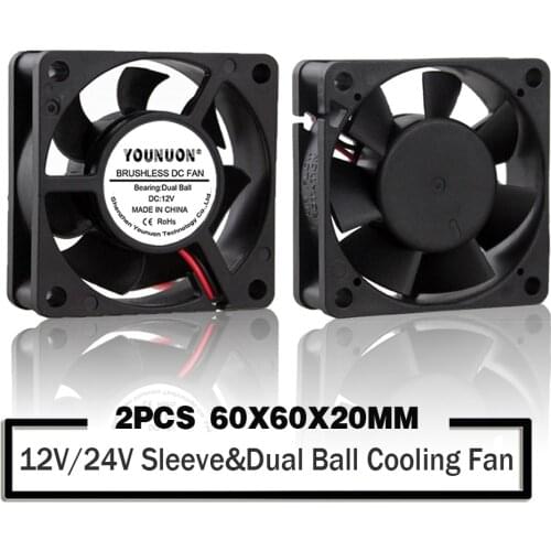 2 Pieces 60x60x20mm 6020 12V 24V Dual Ball 3D Printer Cooler Fan 60mmx20mm Brushless Machine Equipment DC Motor Cooling Fan