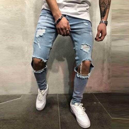 2021 New Stretchy Ripped Skinny Denim Trousers Casual Solid Jeans Destroyed Hole Taped Male Big Pockets Slim Fit Pencil Pants