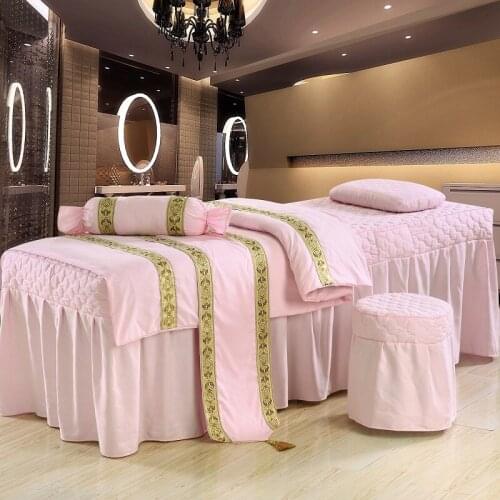 4pcs/5pcs/6 Brief Cotton Beauty Bedspread Embroidery Ruffles Bed Skirt Duvet Cover for Beauty Parlor 70*190cm Pink Color