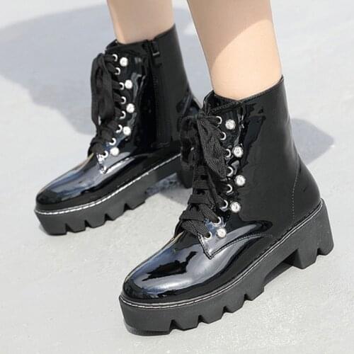Rhinestone rivets ankle boots women japanned leather platform booties lace up chunky chelsea botines crystal winter botas mujer