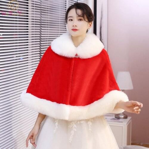 Red Beige Faux Fur Wedding Wrap with Collar 2020 Bridal Shawl Cape winter Bride Cloak Party Shrug Women Mariage