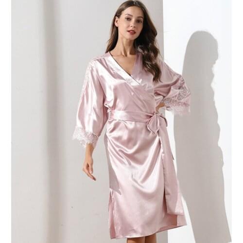 Spring Autumn Imitation Silk Womens Nightgown Ladies Lace Sexy Nightgown Home Service Bathrobe Robes for Women Lingerie Robe