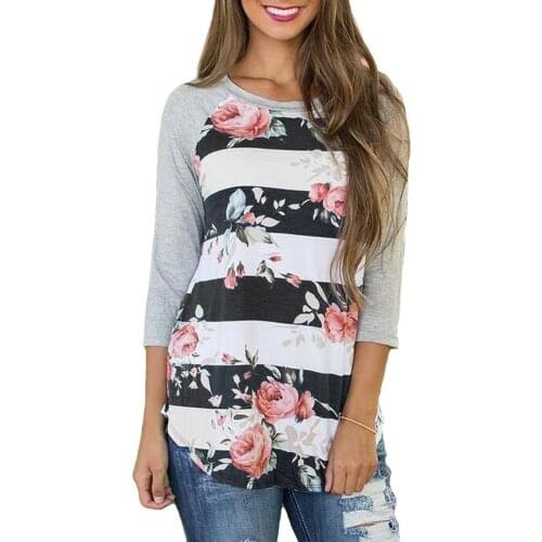 Hitmebox 2021 New Fashion Autumn 3/4 long Sleeve Striped Floral Printed Round Neck Tops Ladies Boho Color Block Tee Shirts