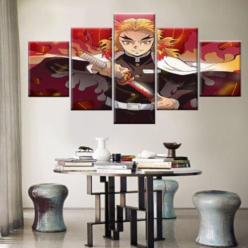 Canvas Poster Demon Slayer Kyojuro Rengoku 5 Pieces HD Prints Anime Picture For Wall Art Painting Home Decor Living Room Frame