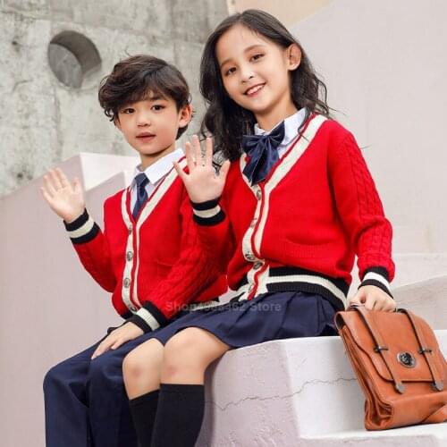 3PCS Kids School Uniform Suit Set Student Class Stage Performance Baby Boy Girls England Knitted Coat Shirt Skirt Pants Outfit