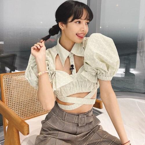 Kpop Korean Celebrity Summer Sexy White Lapel Solid Casual Shirts Puff Short Sleeve Slim Women Tops Sweet Hollow Lace-Up Blouses