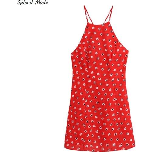 Splend Moda Floral Print Mini Dress Women 2021 Summer New Sexy Backless Cross Strap A-Line Dress Zipper Vestido Chic