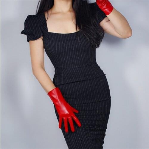 Fashion Women Short Leather Gloves 28cm Wrist Simulation Leather Imitation Leather Imitation Sheepskin Big Red PUDH28