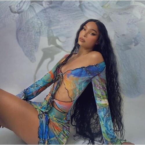 2021 New Summwe Sexy Women Butterfly Print Mini Dress Long Sleeve Deep V-neck Hollow Out Lace-up Bodycon Clothes Slim Dresses