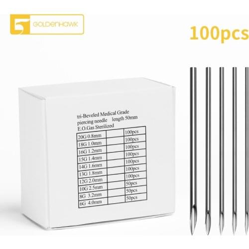 GOLDENHAWK 100Pcs Disposable Ear Nose Sterile Piercing Needles 12G 14G 16G 18G 20G Surgical Steel Tattoo Microblading Tools
