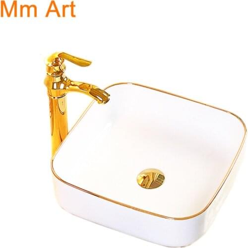 Simple and stylish ceramic bathroom decoration white sink gold wash basin