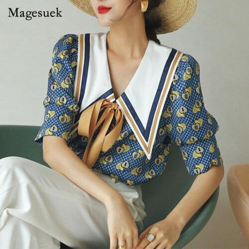 Vintage Chic Puff Short Sleeve Printed Shirt Women Loose Bow Blouse Woman Korean Summer Shirts Tie Tops Fashion Clothing 14636