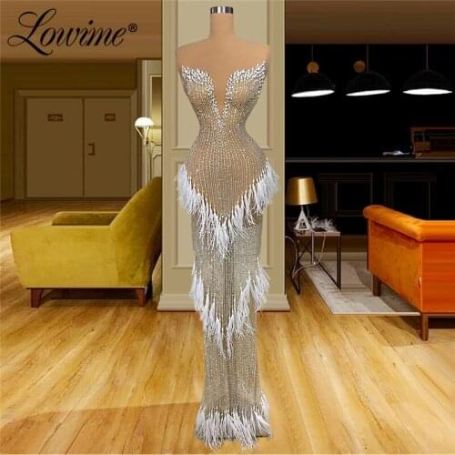 Dubai Evening Dress Beaded Stones Feather Sexy Celebrity Dresses 2020 New Arrival Dresses Woman Party Night Vestidos Formales