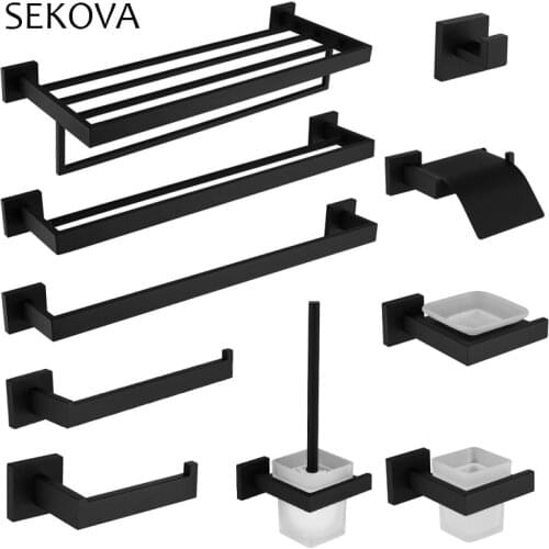 SEKOVA Black 304 Stainless Steel Towel Rack Toilet Brush Paper Holder Soap dispenser Towel Bar hook Bathroom Hardware Set