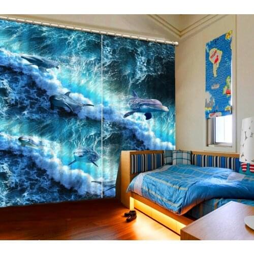 Custom 3D Curtain Window Photo Living Room Bedroom Curtains waves dolphins Kids Room Curtain Drapes Theme Cortinas