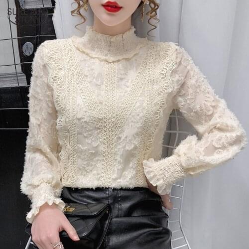 Korean Fashion Lace Blouse for Women Autumn Vintage Shirt Chic Stand Collar Women Long Sleeve Top Hollow Out Ruffle Blouse 16809