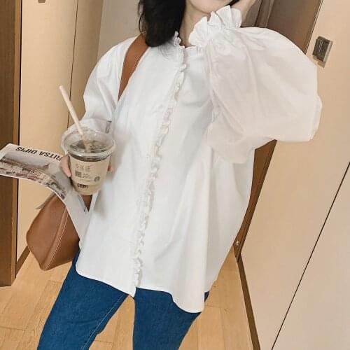 2021 Pleated Blouse Women White Puff Shirring Long Petal Sleeve Ladies Blusa Shirt Spring Fashion Casual Female Top Clothes Za