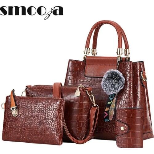 SMOOZA Womens Bag Luxury Crocodile Pattern Handbag Composite Bag Designer Large Capacity Shoulder Bag With Fur Ball 4 Pcs Purse