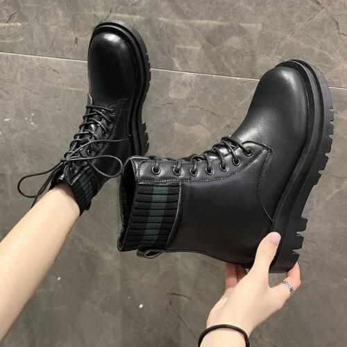 Women Ankle Boots Lace-up Platform Martin Boots Warm Plush Winter Shoes Women Chunky Motorcycle Boots Black Botas Mujer