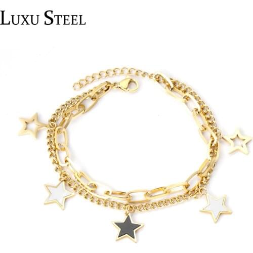 LUXUSTEEL Shell Bracelets For Women pulsera Gold Silver Color Stainless Steel Star Shape Double Link Chain Bracelets Lobster