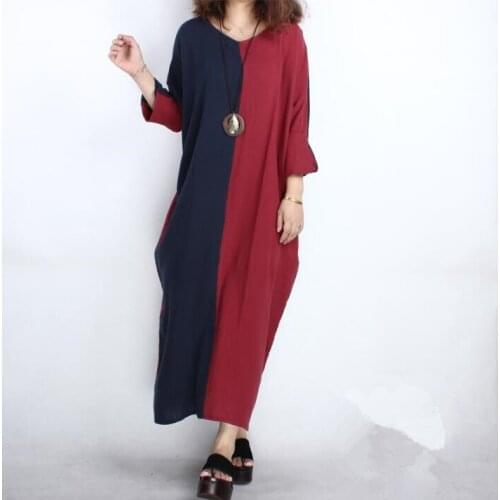 New 2020 Summer Autumn women cotton linen long dress, loose casual long sleeve patchwork dress,plus size women dress L-4XL 5XL