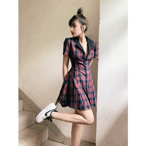 Streetwear Women Turn-Down Collar Buttons Plaid Goth Dress Summer Vintage Short Sleeve Lace Up A-line Mini Dress 2000s Y2k