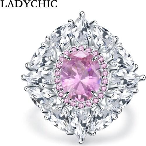LADYCHIC Luxury Oval Shape CZ Stone Silver Color Ring Women Fashion Pink Crystal Wedding Ring Jewelry Gift Wholesale LR1078