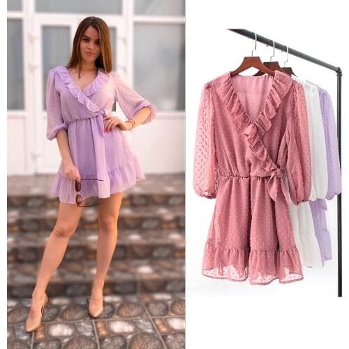 Women Dress Za Fashion 2021 Chiffon Dot Print Ruffles V Neck Dress Long Sleeve Sashes A-Line Chic Party Dresses Sexy Vestidos