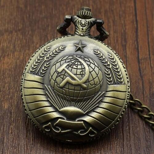 Vintage USSR Soviet Badges Sickle Hammer Pocket Watch Necklace Bronze Pendant Chain Clock Fashion Emblem Women Men Gift