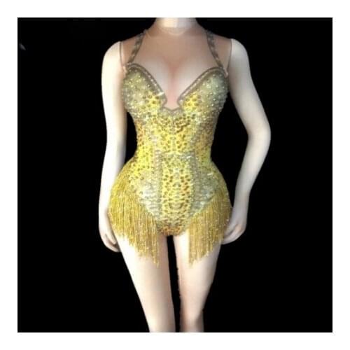 Gold Tassel Sexy Full Rhinestones Nude Bodysuit Womens One Piece Stretch Outfit Nightclub Dance Wear Female Singer Show Outfit