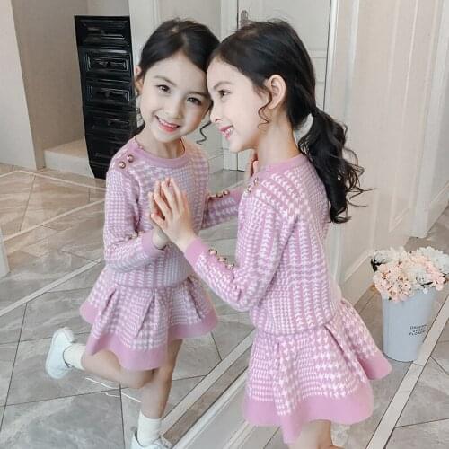 Girls Spring Knitted Sweater Suit Baby Kids Cute Korean Pullovers Knitwear + Pleated Skirts 2 Pcs Childrens Fall Clothes X431