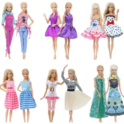 2 Pcs / Lot Handmade Doll Dress for Barbie Doll Casual Daily Wear Twins Outfit Skirt Pink Blue Clothes Accessories Kids Toys