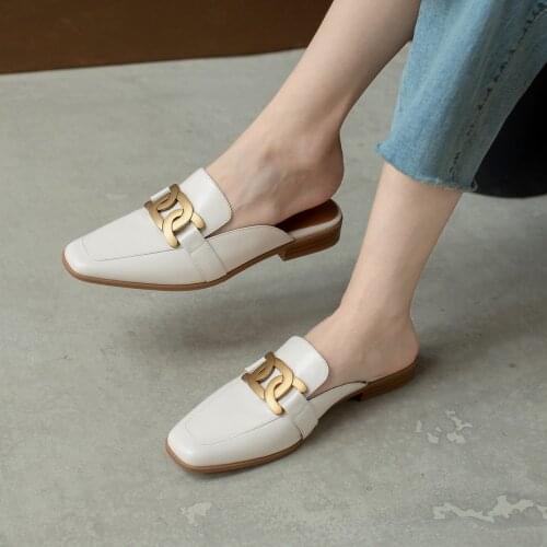 2021Fashion 100% Genuine Leather Women Sandals Girls Low Heels Summer Shoes Square Toe Loafers White/Brown Ladies Flats Slippers