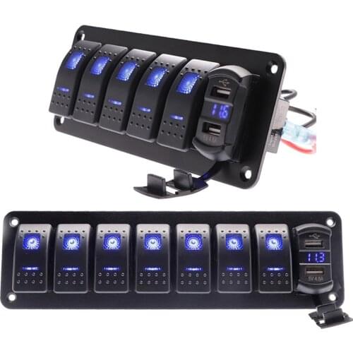 5 6 8 Gang LED Rocker Switch Panel With Voltmeter 4.2A Dual USB Rocker Style Fast Charger for Car Marine Boat Waterproof