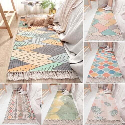 Bohemian Handcrafted Tassels Cotton Carpets Bedroom Living Room Non-slip Rugs Geometric Floor Door Mat Decorative Carpet