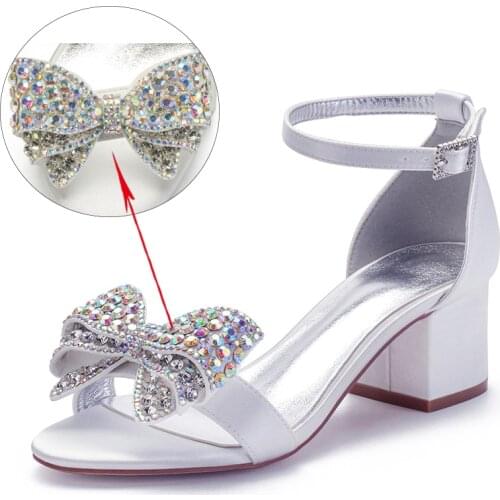 Color Crystals Ivory Open Toe Bride Wedding Sandal Ankle Strap Evening Party Shoes Satin Mid Heel Women Ballerians Shoes Summer