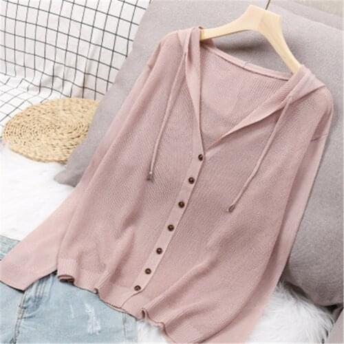 Long Sleeve Cardigan Women Summer Autumn Knitted Cardigan Korean Button Up Hooded Jacket Ice Silk Sweater Thin Sunscreen Tops