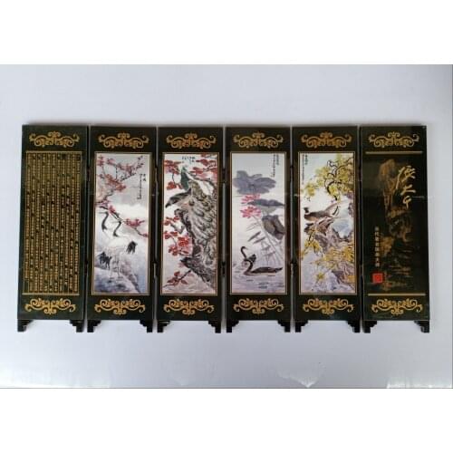 China Collect Exquisite Lacquer PaIntIng Mountain Water Flower Bird Small Folding Screens Handicraft Home Decoration
