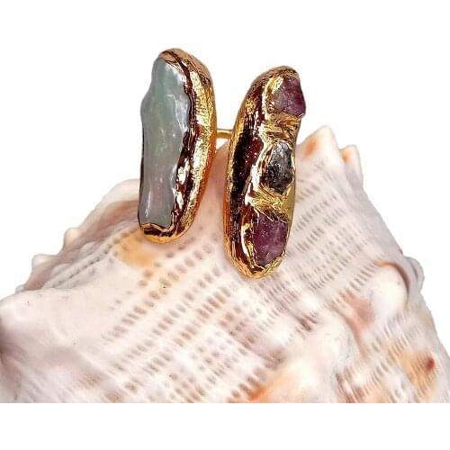 YYGEM Natural Tourmaline Rough Cultured Biwa Pearl Gold Plated Ring Adjustable