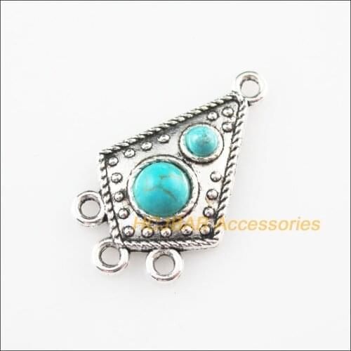 10Pcs Retro Tibetan Silver Lozenge Stone Charms Pendant Connectors 17x29.5mm