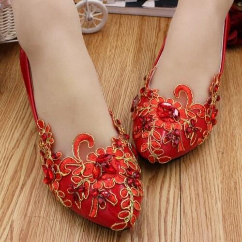 Red gold lace pumps shoes woman slip on red applique sexy party dinner proms dress shoes HS073 red lady dinner shoe