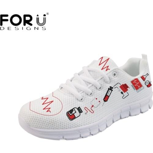 FORUDESIGNS Nurse Heart Print Flats Shoes Women Fashion Nursing Shoes Comfortable Mesh Sneakers Autumn Woman Light Walking Shoes