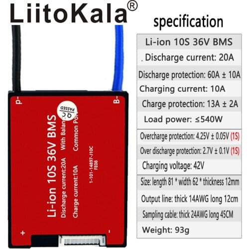 LiitoKala 10S 13S 16S BMS 20A 36V 48V 60V PCM PCB for 3.7V lithium ion battery pack 18650 NMC E-bicycle Scooter NTC