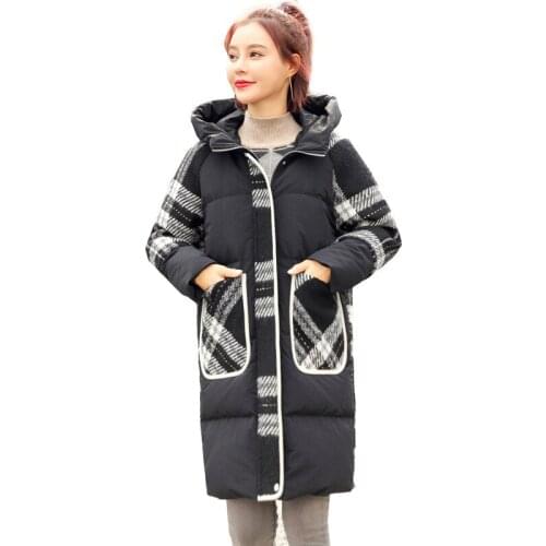New Korean version Down Cotton clothing Plaid wool stitching Winter Parka Fashion wild Plus Size 2XL Winter Long Jacket Women