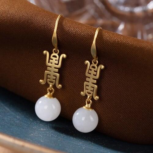 New silver inlaid natural Hetian white jade round bead earrings Chinese style retro palace ethnic charm womens brand jewelry