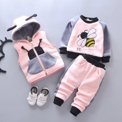 Autumn Winter Thicken Baby Clothes Set Cartoon Hooded Vest +Hoodies+ Pants Girl Boys 3pcs/Set Kids Winter Outfits 1-4 Years