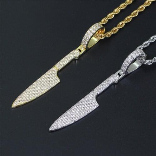 Iced Out Full Cubic Zircon Knife Pendant Necklace Fashion Hip Hop Rock Charm Party Jewelry For Women Men