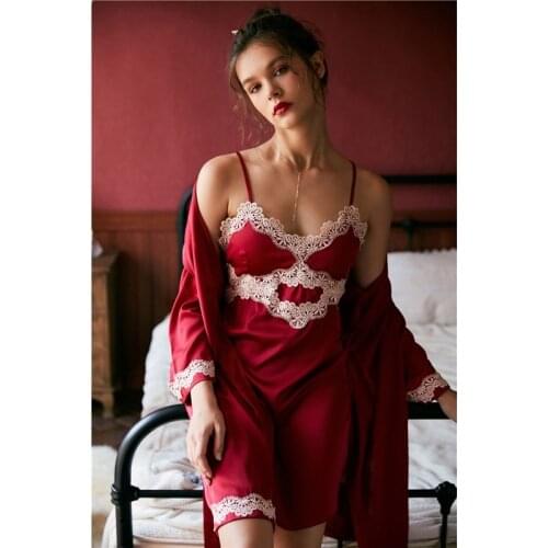 JULYS SONG 2020 Womens New Faux Silk 2 Piece Pajamas set Ladies Lace Sexy Summer Spring Sling Nightgown Robe Home wear