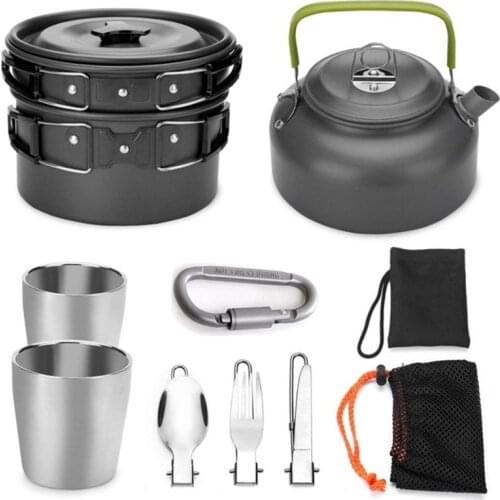 Portable Outdoor Cookware Mess Kit Kettle Cup Pot Set Camping Tableware Carabiner for Camping Hiking Picnic Travel Tableware